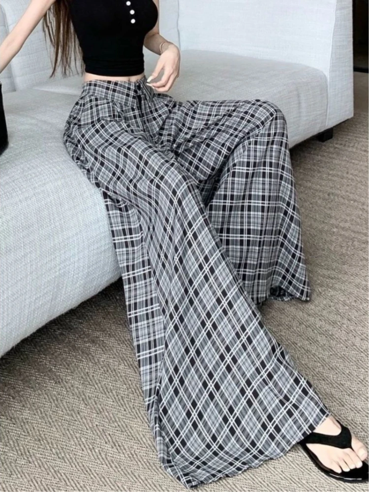 

2025 Women's Vintage Plaid Wide Leg Pants - High Waist Pleated Palazzo Trousers, Fashion Streetwear for Spring Autumn