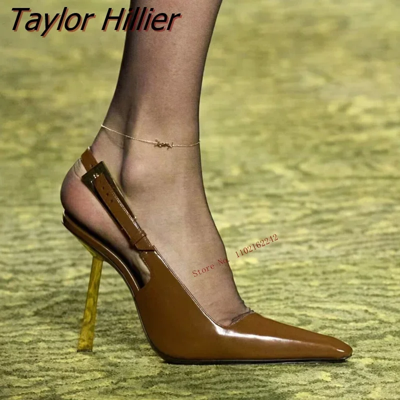 

Genuine Leather Pumps Sandals 2023 New Summer Metal Heel Pointed Tip Shallow Cut Back Strap Pumps Fashion Versatile Track Shoes