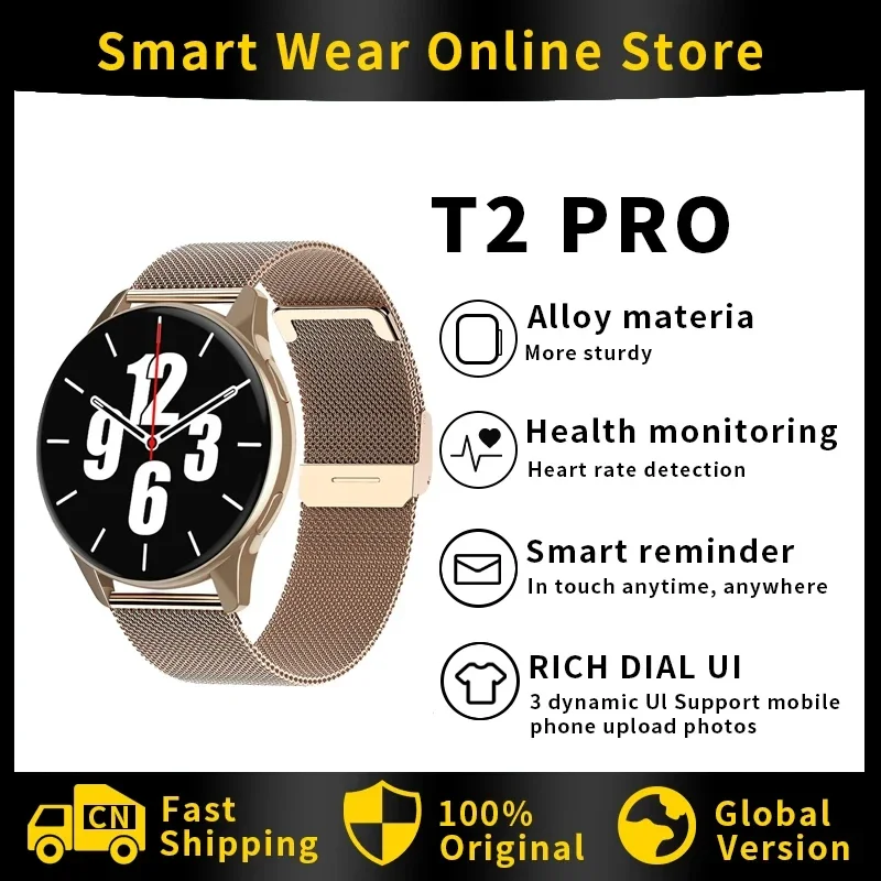 Reloj inteligente T2 Pro для женщин, спортивные Смарт-часы с Bluetooth, круглые, с монитором здоровья, relojes de Fitne