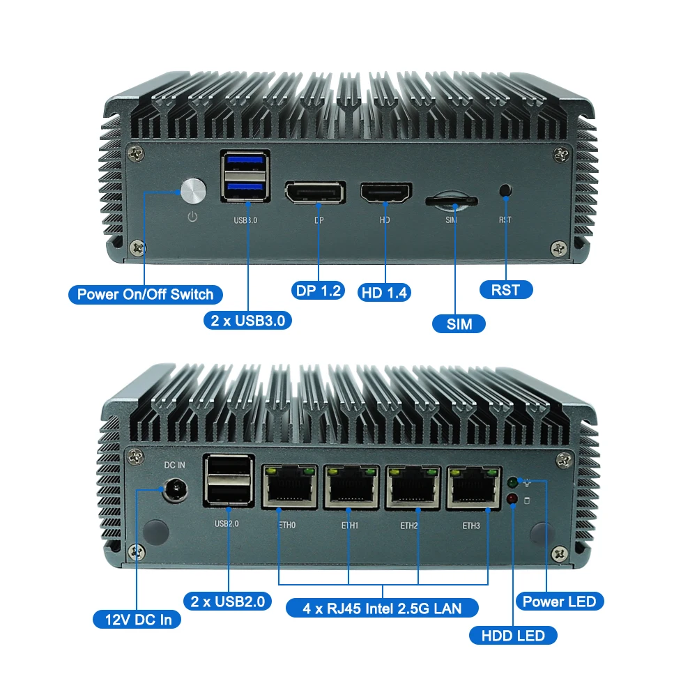 Мини-компьютер промышленный без вентилятора, Celeron J4125 N4100 i225V 2,5G Lans UHD600