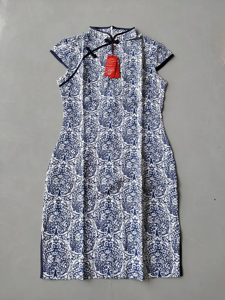 New Chinese Cheongsam Women Summer Blue White China Style Sexy Slim Chi-pao Dress Fashion Cotton Hemp Close-fitting Dress