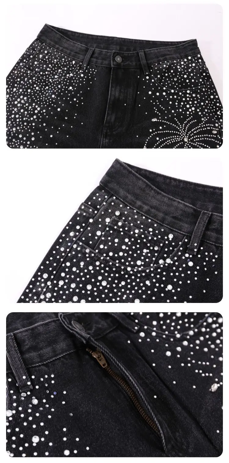 2025 Men's Autumn New Rhinestone Jeans Fashion Straight Denim Pants Men's Versatile Solid Color Pocket Decoration Denim Trousers
