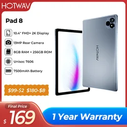 글로벌 버전 HOTWAV 패드 8 태블릿 PC, 안드로이드 13, 10.4 인치 FHD + 2K 디스플레이, 8GB + 256GB 13MP 카메라 패드, Unisoc T606, 7500mAh