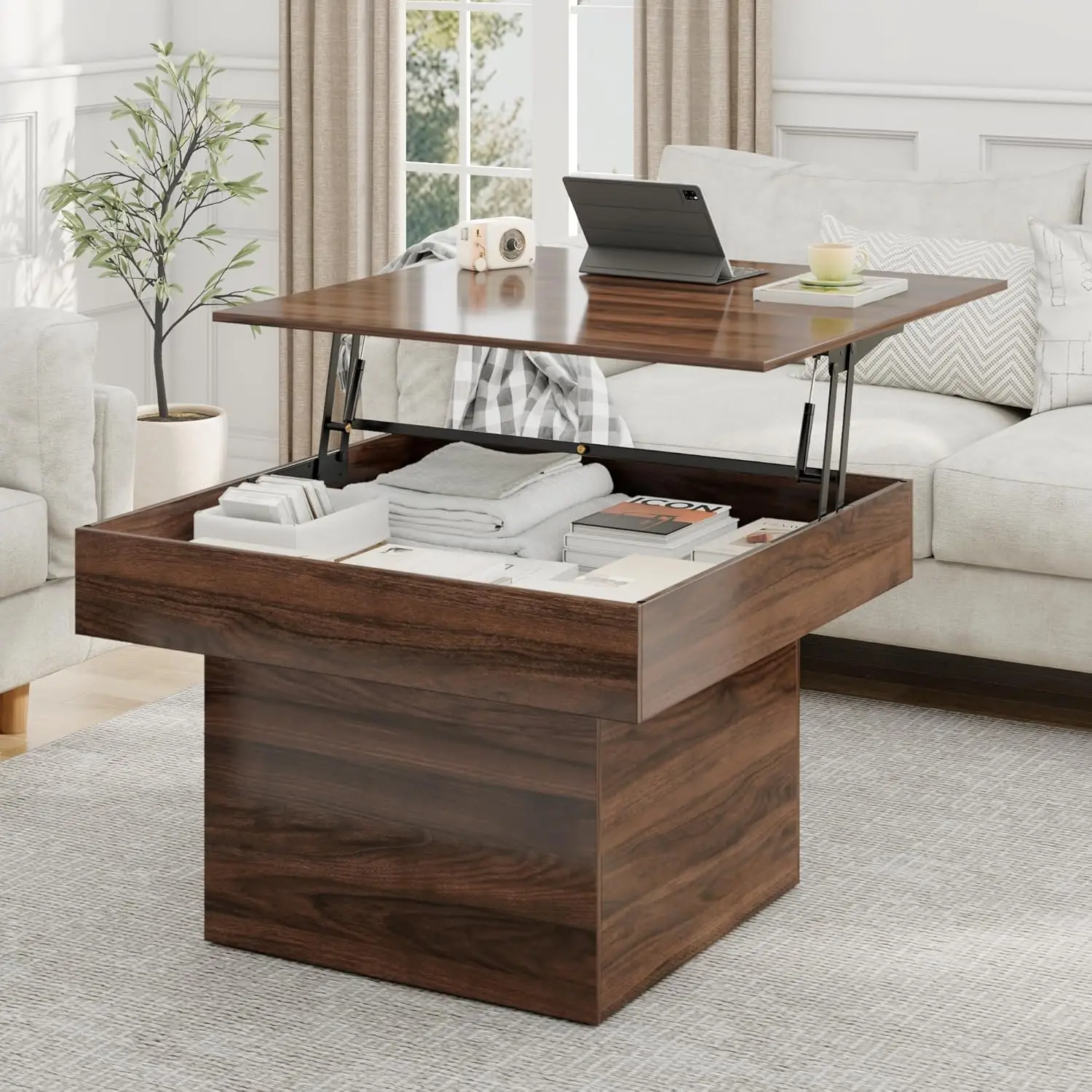 

35.4 Inch Lift Top Coffee Table with LED Lights & Hidden Storage - Modern Square Center Table with Adjustable, Customized