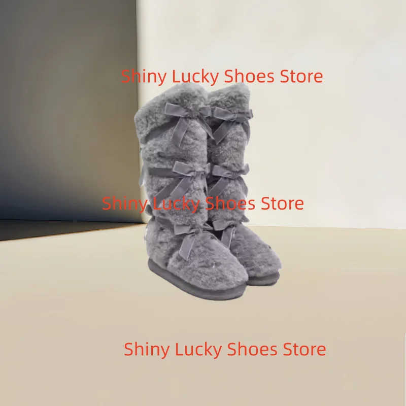 

Butterfly-knot Shoes for Ladies Round Toes Flat Heels Sewing Lines Mink Fur Female Short Boots Solid Womens Stitching Zapatos