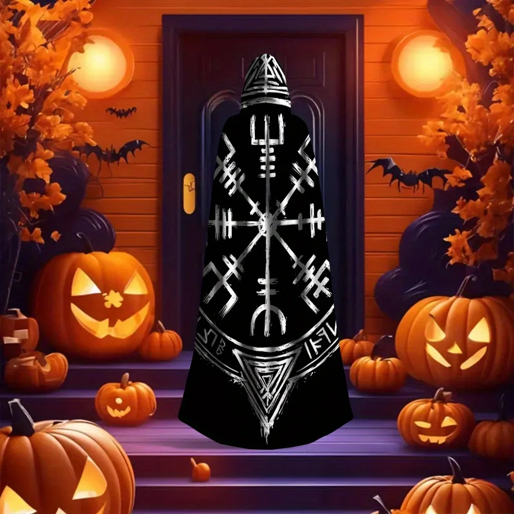 Customization 1pc Viking Rune Hooded Cape With Rune Symbols - Adjustable Witch Robe For &, All-Season Costume For Halloween