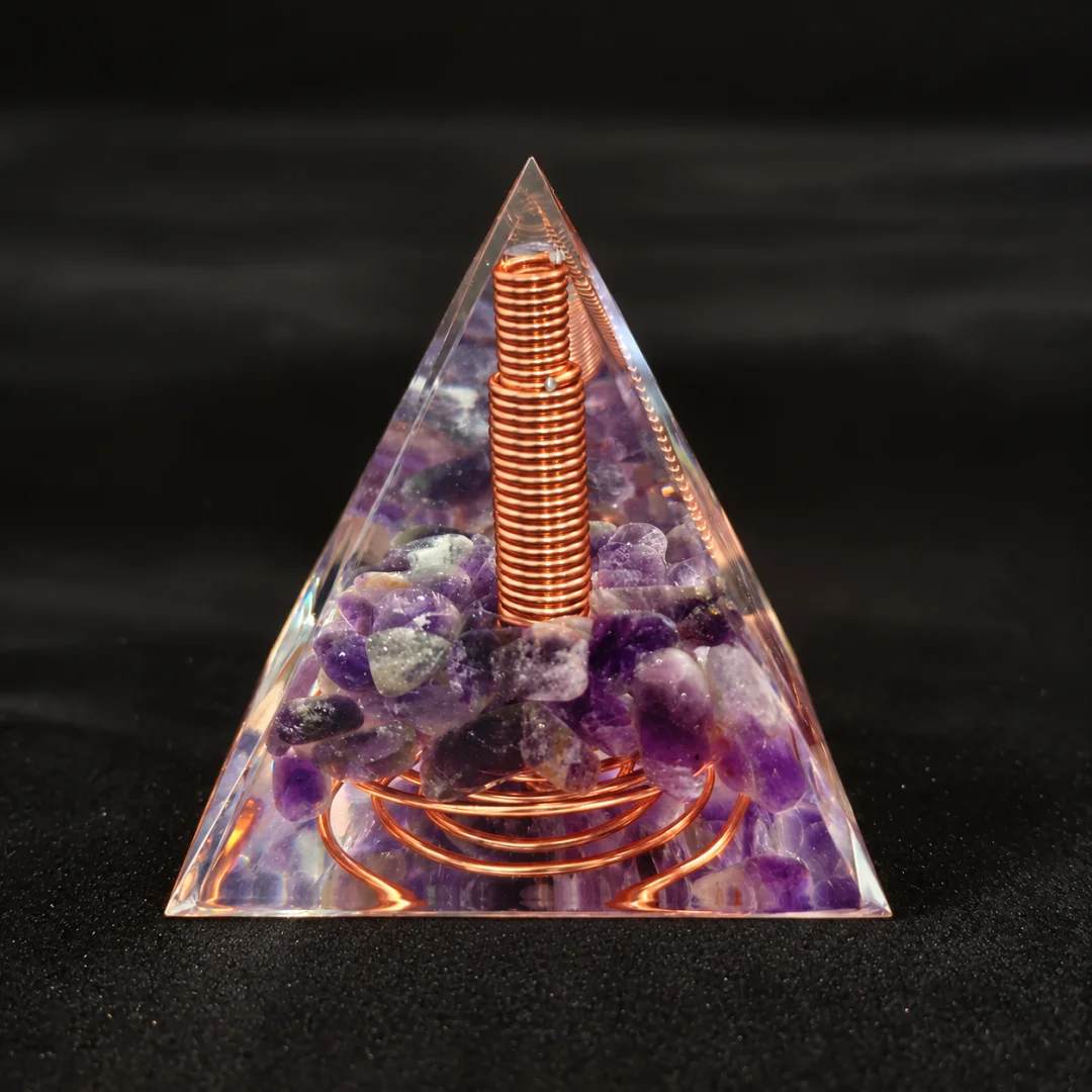 `Amethyst Orgone Pyramid Copper Coil Orgonite Crystal Pyramid Healing Reiki Meditation Home Desk Decor Energy Stone Crafts`