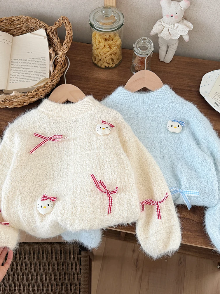 Thiened Rabbit Fur Knitted Sweater for Girls Autumn Winter  Knot Outerwear Soft Warm Long Sve round Ne Top