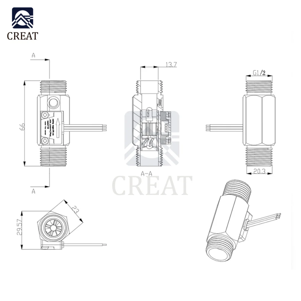 YF-B7 Hall Flowmeter Water Flow Sensor With Temperature Detection Metal Flowmeter Turbine Flow Meter 4 Points Copper Flowmeter