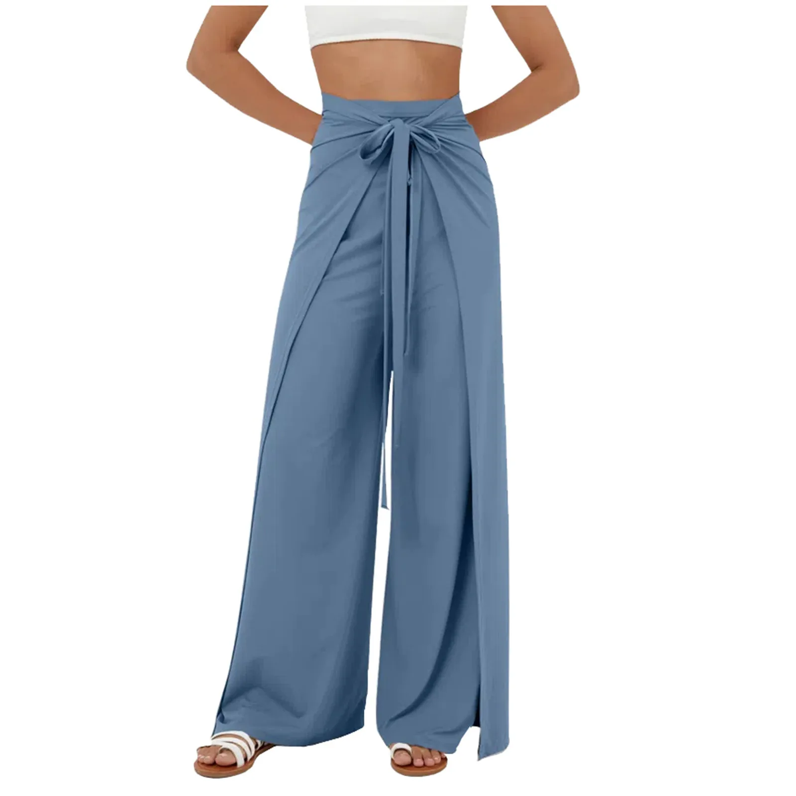 High-Waist Belt Slit Wide-Leg Quick-Drying Casual Pants Yoga Wide-Leg Pants Side Slit Summer Casual Wide-Leg Pants Pantalon