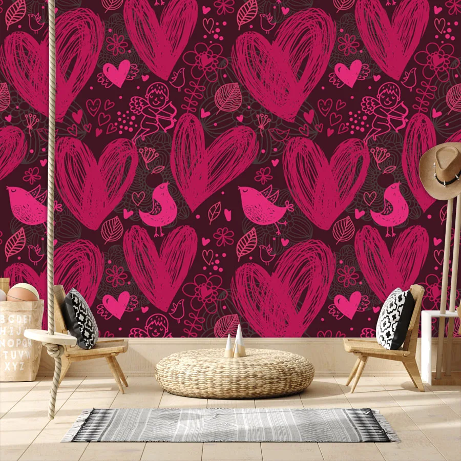 Modern Custom Wall Art Papers Home Decor Peel and Stick Wallpaper for Living Room Red Heart Design Girl Bedroom Renovation Mural