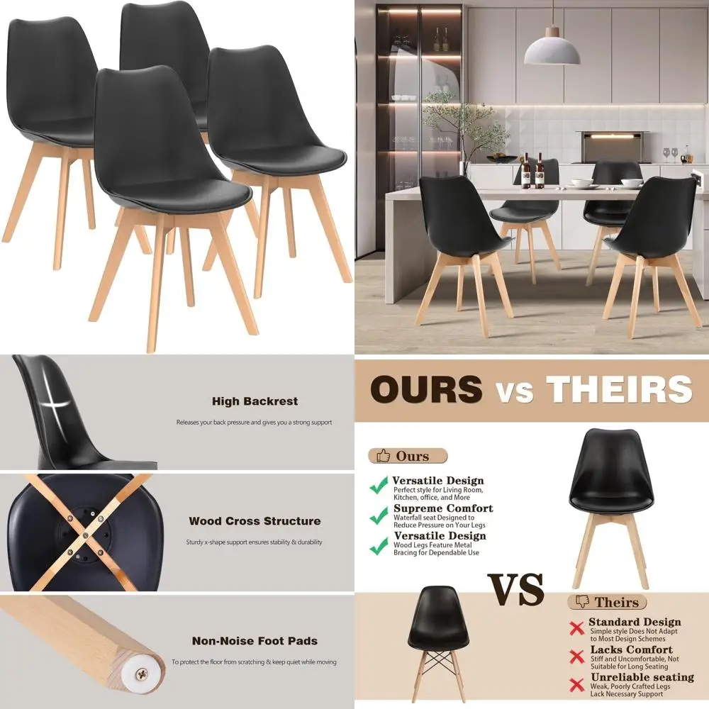 Mid-Century Modern Dining Chairs Set of 4 with Wood Legs, PU Leather Cushions for Kitchen and Living Room