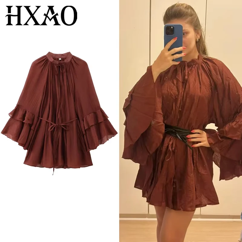Hxao vestidos femininos com babados, verão 2025, laranja, renda, vestidos curtos, mini camadas, gola redonda, manga comprida, vestidos casuais 066