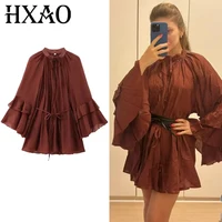 HXAO Vestidos con volantes para mujer Verano 2025 Vestidos cortos con cordones naranjas Mini Vestidos de manga larga con cuello redondo en capas Vestidos casuales 066