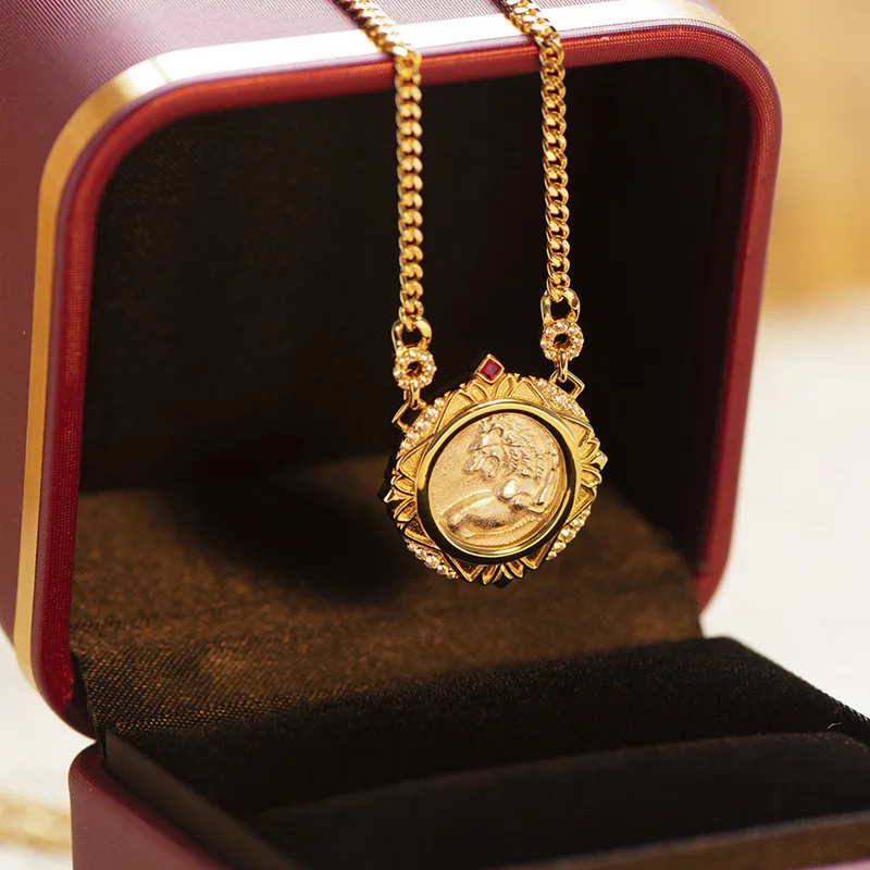

Retro Sterling Silver Necklace For Women's 925 Silver Electroplated 18K Gold Lion Red Treasure Ancient Coin Necklace