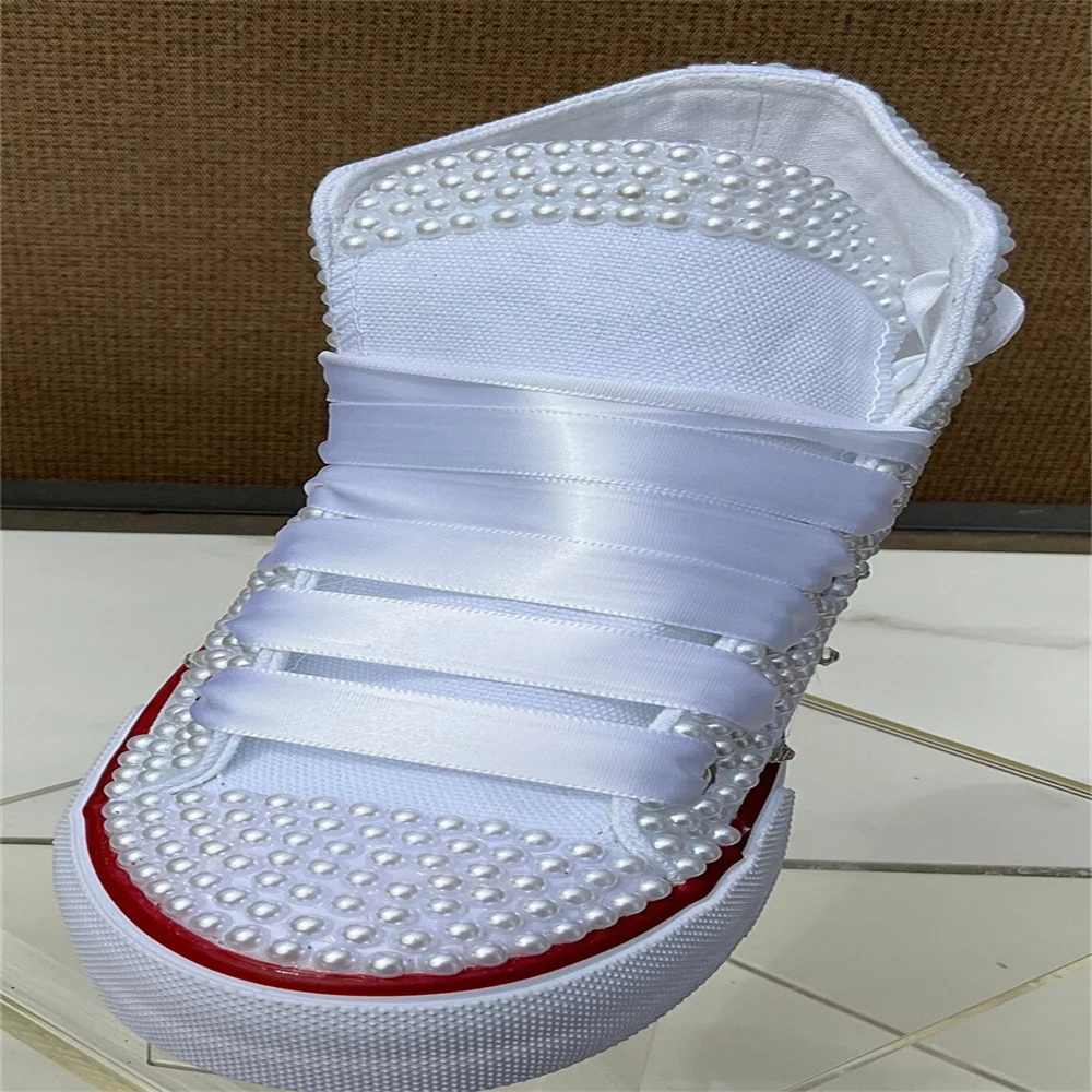 White high top pearl rhinestones ribbon custom style canvas shoes integrated sports casual shoes women\'s shoes 35-44