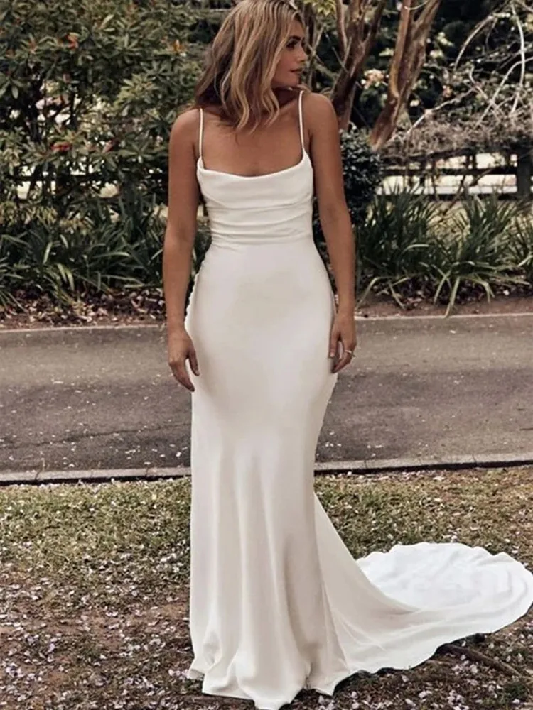 Customized Boho Satin Wedding Dresses Sheath Spaghetti Straps Criss Cross Sweep Train 2025 Summer Beach Marriage Outfits 2023