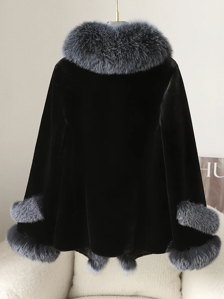 Fur jacket women's medium and long new mink fleece coat V-neck high-end fashion simple fox fur collar integration in the elderly