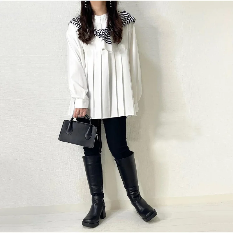 O-neck Button Loose Long Sleeve Blouse Solid Casual Pleated Shirts Top Women Spring 2024 New Japanese Black White Blusa Mujer