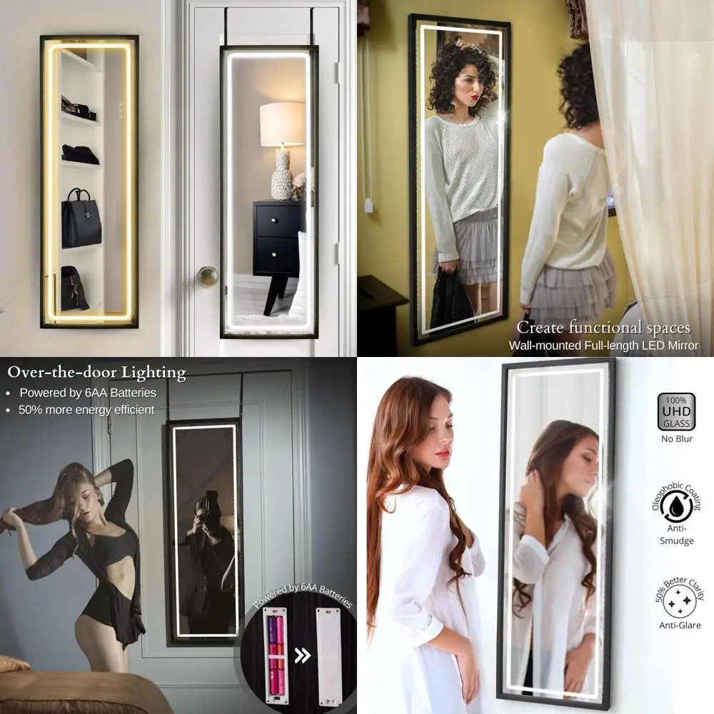 

LED Lighted Wall Mirror, 42.5 x 14.4 Over-The-Door Hanging, Full-Length Body Mirror for Home with Bright Illumination