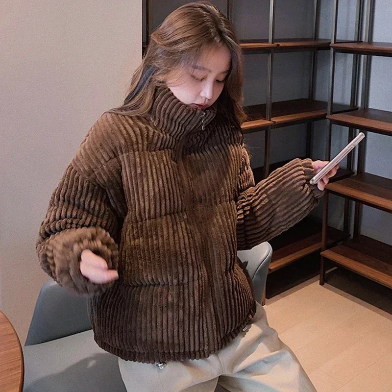 Pop 2024 New Winter Corduroy Short Jacket Women Korean Style Thick Zipper Cotton Parkas Woman Stand Collor Warm Outwear Bubble C