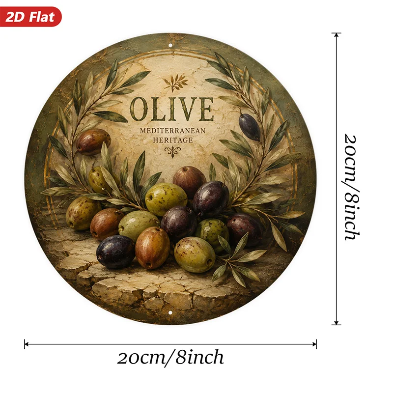 2D Flat, 1pc Olive Heritage Round Metal Sign Wall Art, Olive Mediterranean Heritage Text, Home Decor, Rustic Olive Branch Wreath