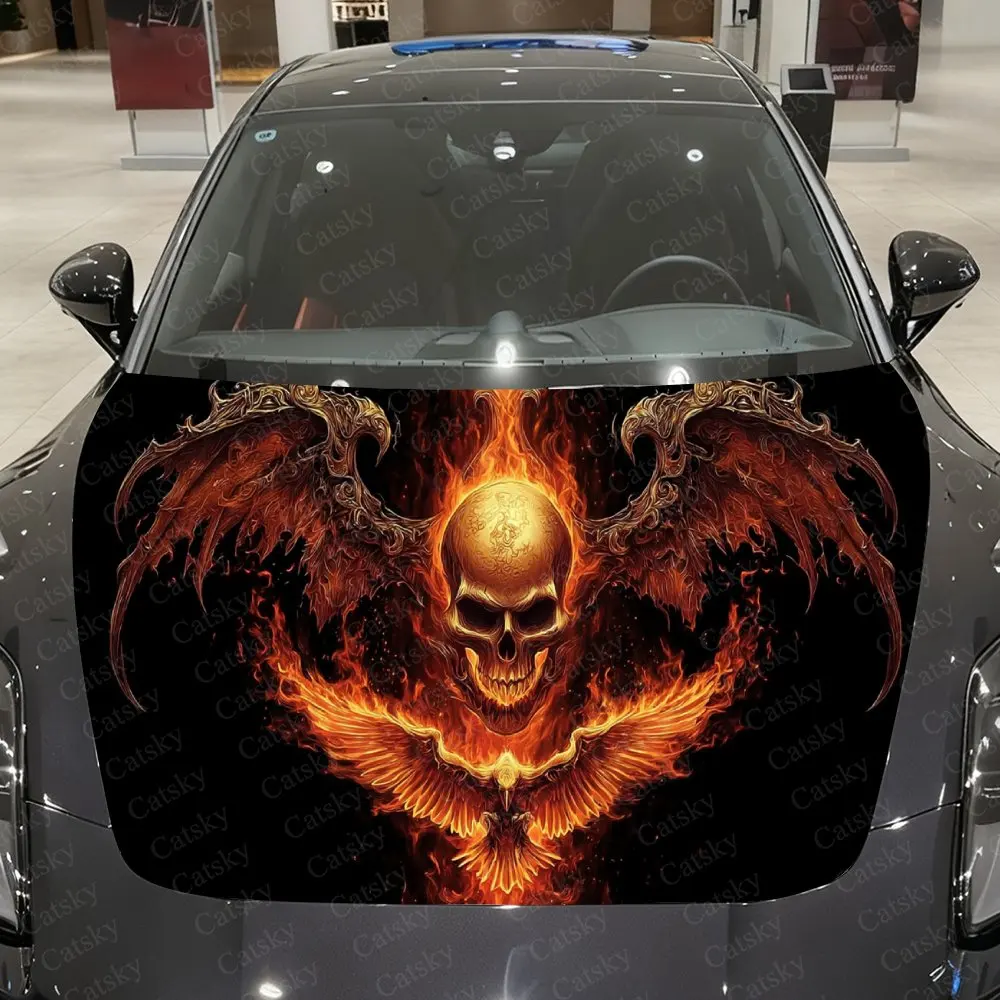 Red Flame Skull Phoenix Car Vinyl Wrap, PVC Waterproof Car Sticker, Self-Adhesive Scratch-Resistant Sticker for Engine Cover