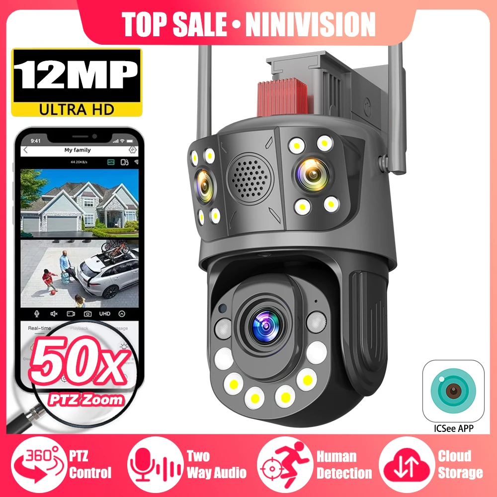 ICsee 12MP 6K Outdoor Wifi Three Lens 50x Optical Zoom Ip Camera Human Detection Color Night Vision Cameras Wifi Audio Camera