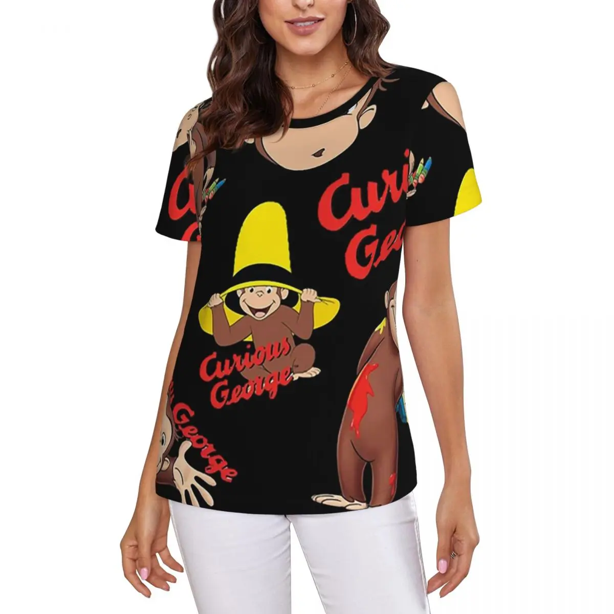 Cartoon Curious George Monkey Anime T-Shirt Women Short Sleeve T Shirts O-Neck Clothes Cotton Summer Tees Streetwear