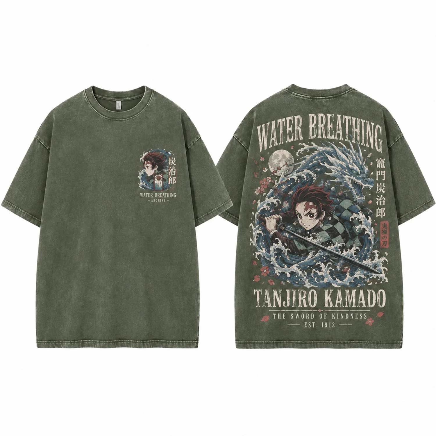Heavyweight Cotton Washed Anime Graphic T Shirt Vintage Water Wave Warrior Print Short Sleeve Top Unisex Streetwear Casual Appar