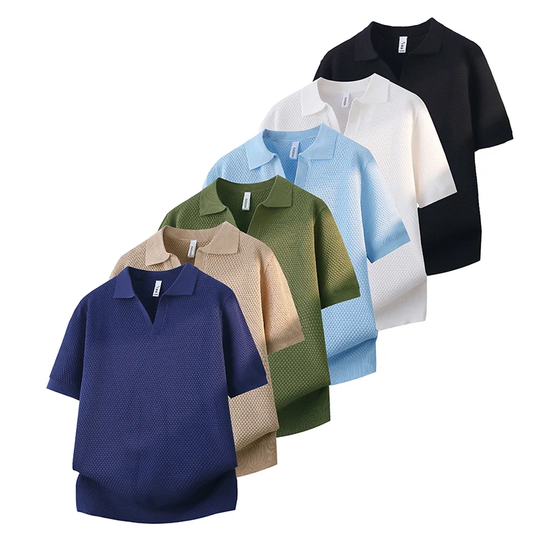 Summer American Relaxed Men's T-Shirts Lapel Short-Sleeve Polo Shirts Casual Comfort Mens Blouse Knitwear Outdoor-Homewear Tops