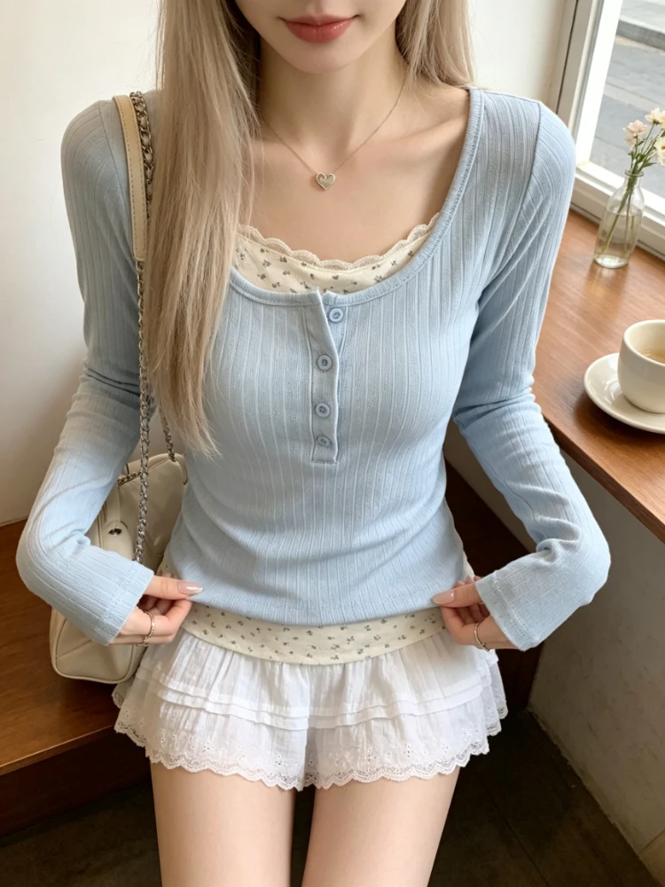 Autumn Women Two Piece Lace Spliced Long Sleeve T Shirt Sweet Elegant Button Inner Slim Fit Short Casual Blouse Tops