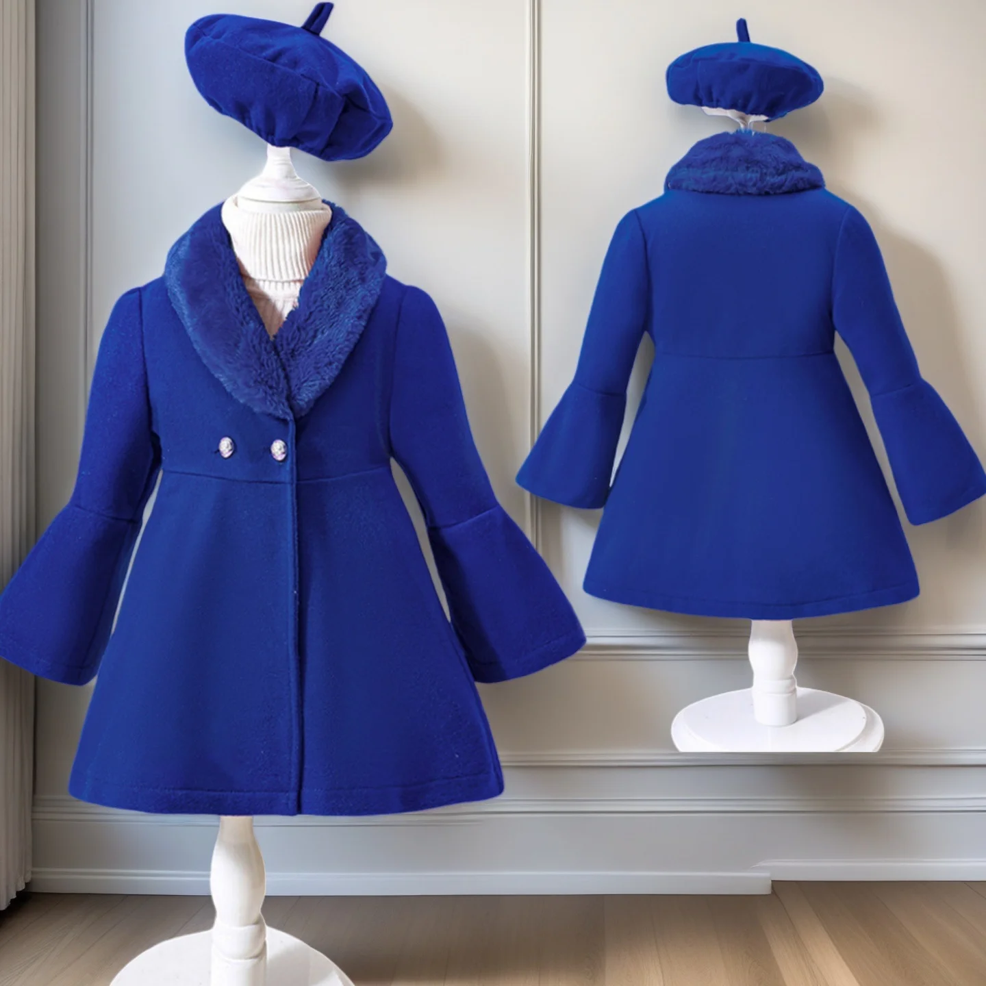 

2025 комплект пальто для маленьких девочек, осенне-зимняя верхняя одежда с расклешенными рукавами + берет, комплект из 2 предметов, детская элегантная теплая ветрозащитная куртка