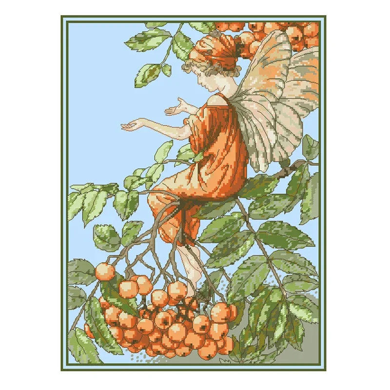 Amishop Top Quality Counted Lovely Cute Cross Stitch Kit Mountain Ash Fairy Autumn Fruit Cherry Luca-s B258