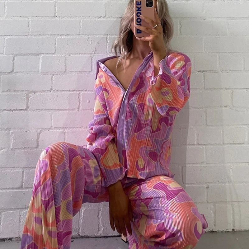 

Y2k Graphic Print Long Sleeve Shirt Blouse + Wide Leg Pants Chic Women Two Piece Set Vintage Streetwear Boho Holiday Outfits