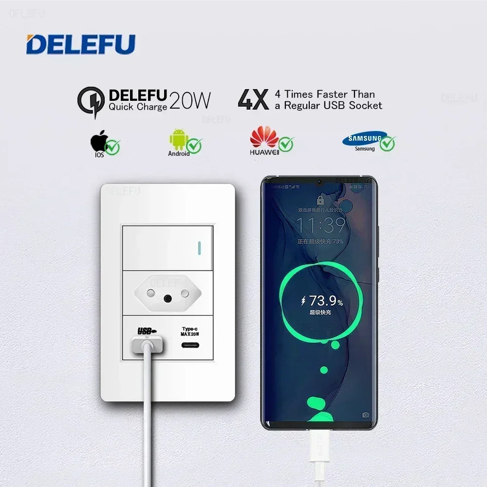 DELEFU Beyaz PC Paneli Brezilya Standart Çıkış Çift USB Tip C Duvar Priz Akıllı Anahtar Tuya Wifi 10A 20A 118x72mm