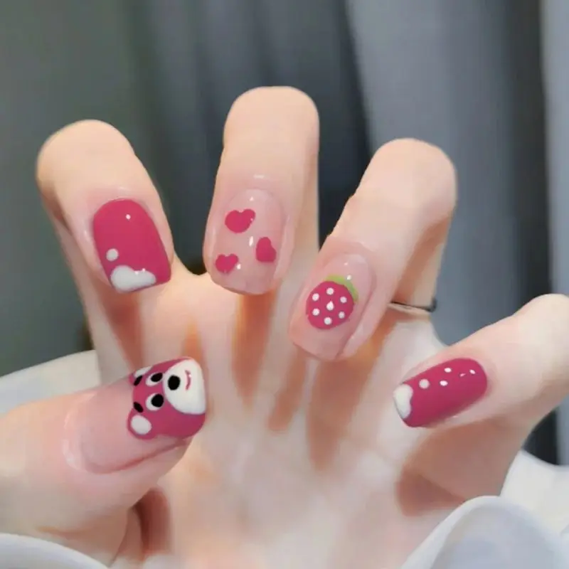 24pcs Disney Lotso animation cartoon peripheral kawaii creative manicure wearable nails cute girly heart patch gift wholesale