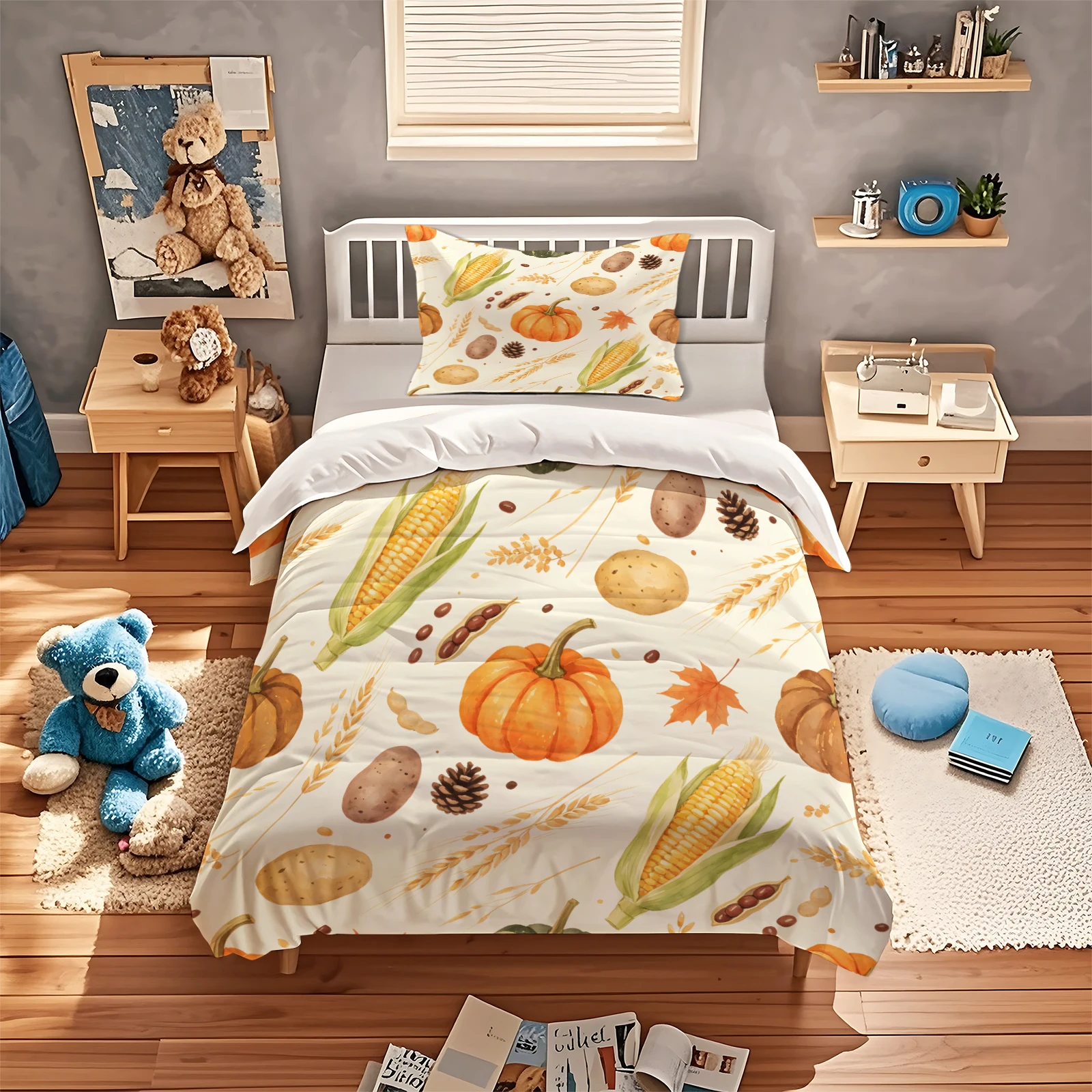 Watercolor Fall Harvest Duvet Cover Set Pumpkin Corn Potato Bedding Set Maple Leaf Quilt Cover Pillowcase Thanksgiving Decor