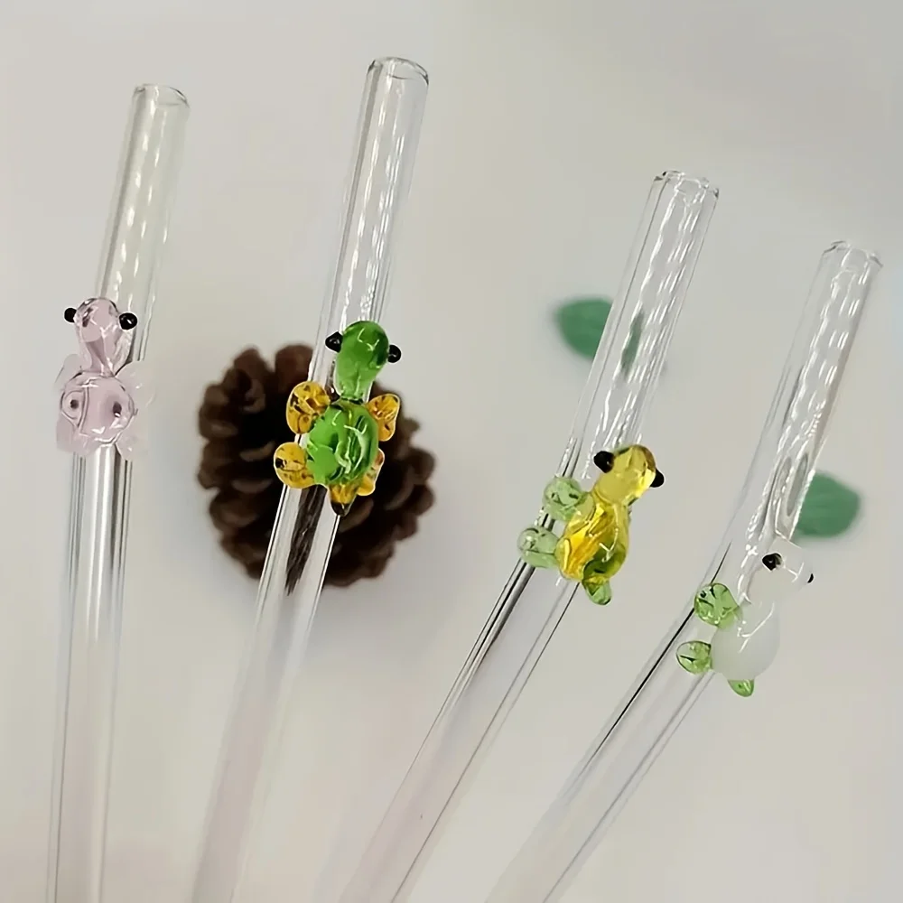 4Pcs Reusable Drinking Glass Straws Turtle glass straw Smoothie Cocktails Straw Healthy Eco Friendly Drinking Straw