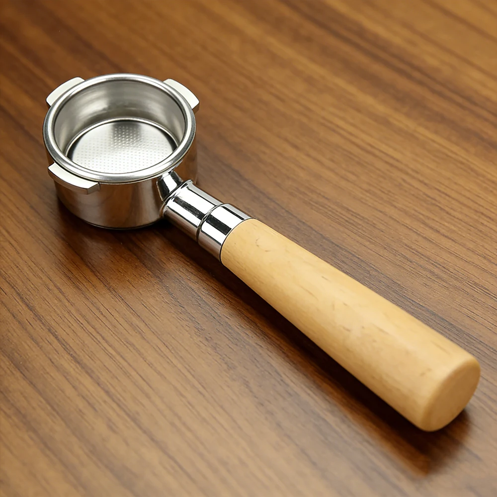 Custom Luxury Stainless Steel Bottomless Espresso Portafilter Beech Wood Handle Eco Friendly Cafe Coffee Tool
