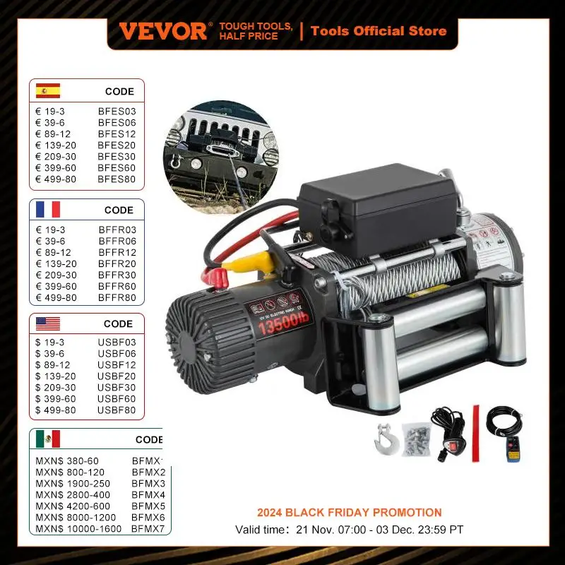 VEVOR Treuil Électrique 12 V 6125 kg Treuil de Remorquage avec Corde d'Acier 24 m pour Amateurs