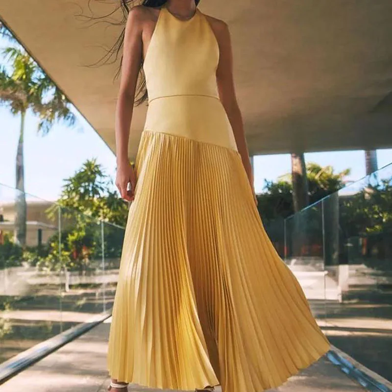 섹시한 홀터 슬리브리스 홀로우 아웃 플리츠 드레스 우아한 새틴 스플라이스 이브닝 드레스 패션 솔리드 컬러 슬림 빅 헴 롱 드레스