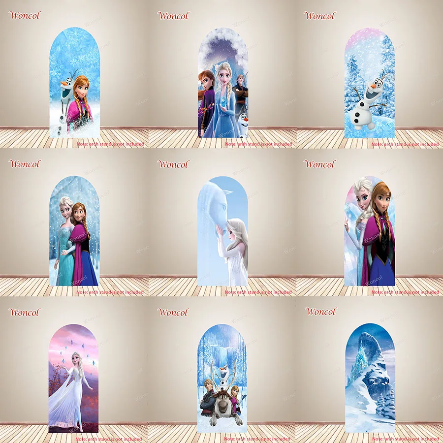 

Elsa Anna Birthday Arch Backdrop Frozen Sven Kristoff Olaf Cover Polyester Custom Kids 1st 2nd Birthday Double-Sided Arch Cover