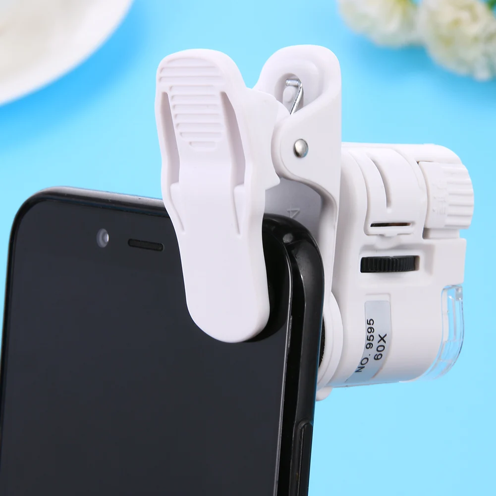 Universal 60X Camera Clip Lens with LED Light ABS Zoom Microscopes Portable with Battery for Kids Adults for Mobile Smartphones