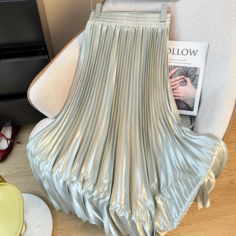 2026 New Glossy Gradient Metallic-color Pleated Skirt Women's Casual Maxi Skirts Elastic-waist Streetwear Big-hem A-line Skirts
