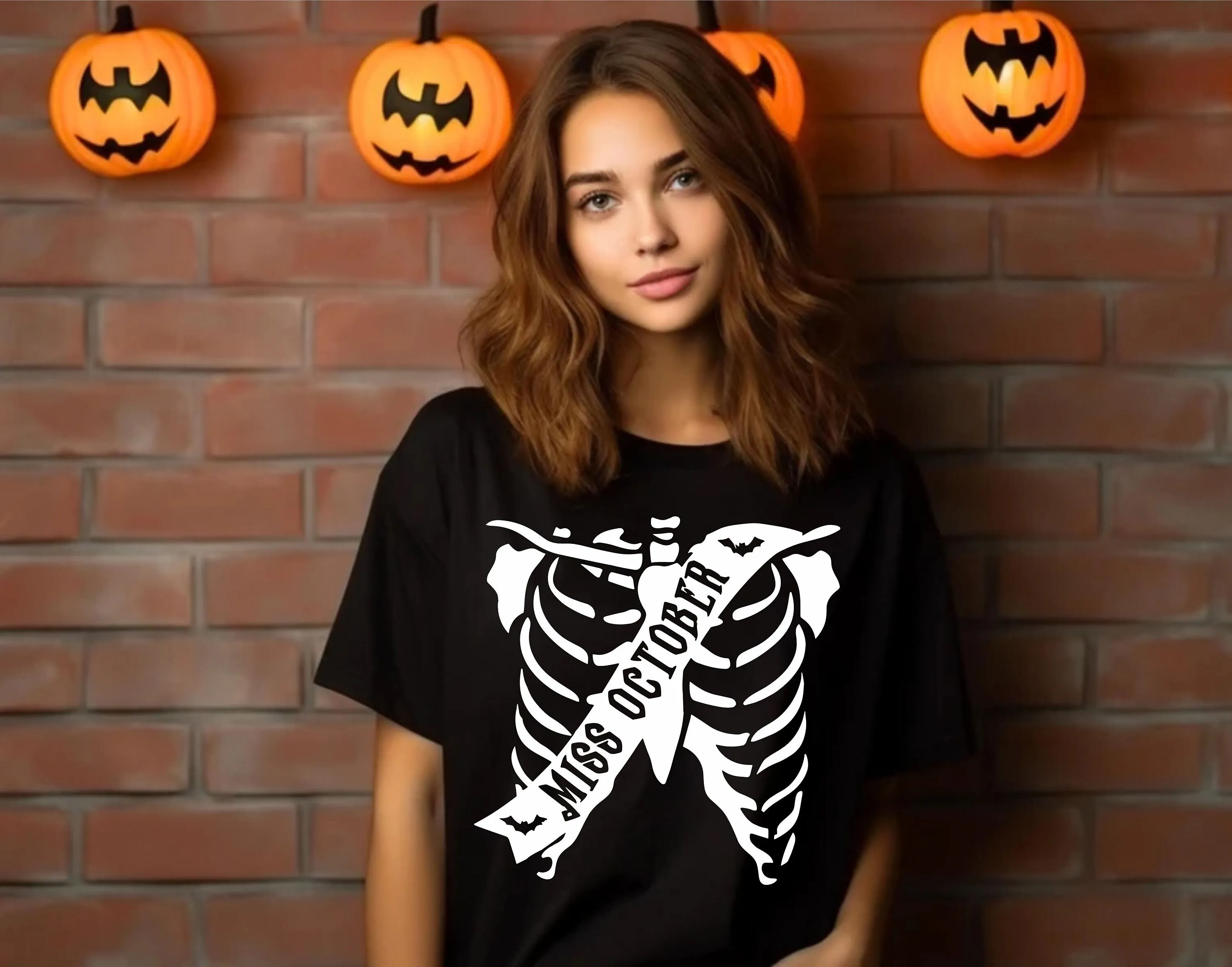 Miss October T Shirt Funny Skeleton Halloween Rib Spooky Creepy Bones Party Clothes