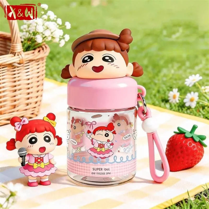 X&W Crayon Shin-chan Cartoon Water Cups Portable Mini Pocket Tritan Cup for Kid Leak-proof Water Bottle with Doll Lid＆Carry Rope