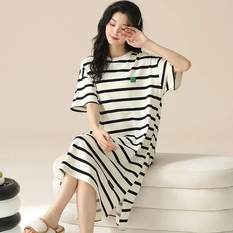 Summer New Women's Dress Loose Casual Stripe Pullover Home Furnishing Sleeping Dress