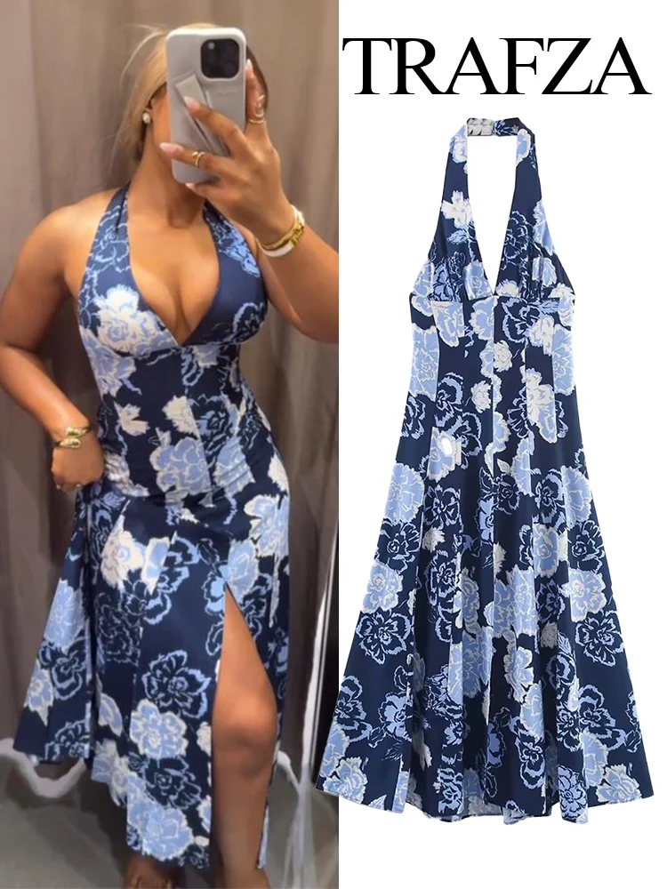 

TRAZFA 2025 Woman Elegant Blue Print Halter Neck Sexy Backless Midi Sleeveless Dress Female Temperament Zipper Slim Party Dress
