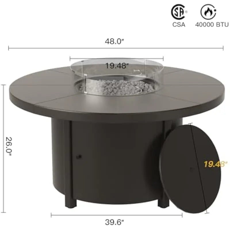 48in Round Outdoor Propane Fire Table with 40000 BTU Stainless Burner CSA Certified Magnetic Tank Access Easy Push Ignition Heat